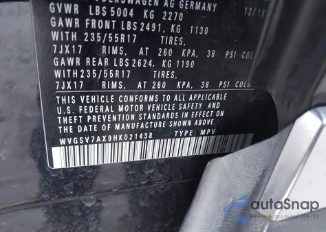 2017 Volkswagen Tiguan 2.0T Wolfsburg Edition из США, поврежденный, VIN WVGSV7AX9HK021438